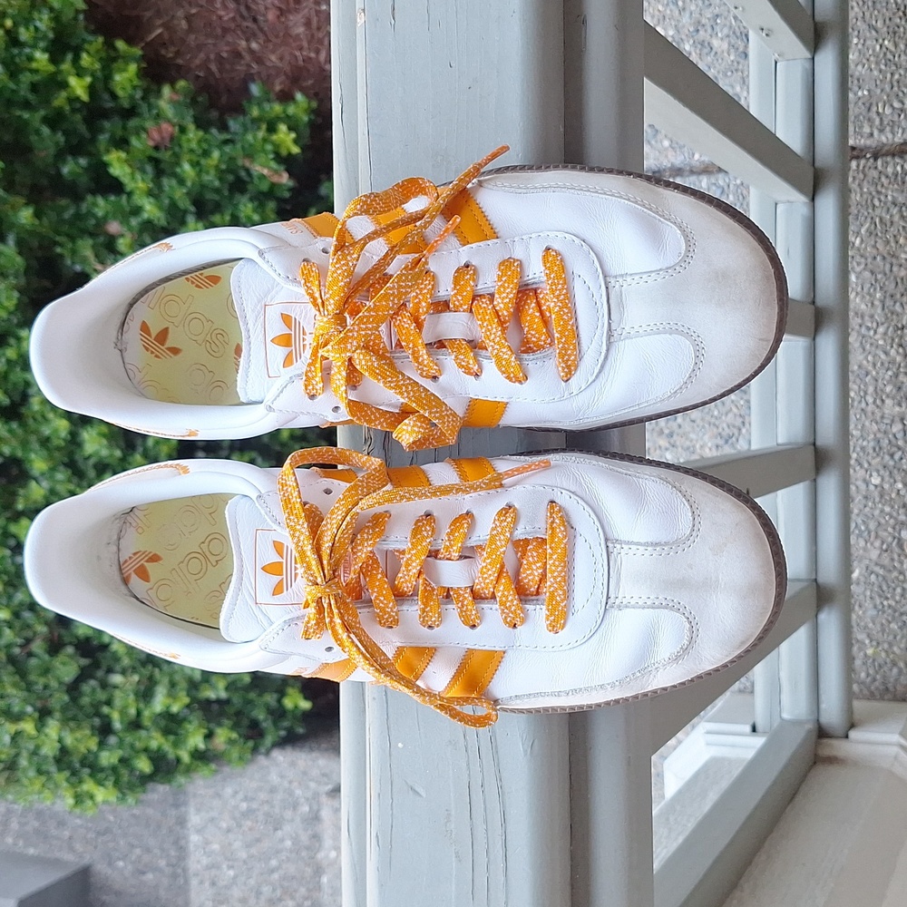 adidas Samba Sneakers White with Orange Stripes and Brown Sole - Picture 5 of 11